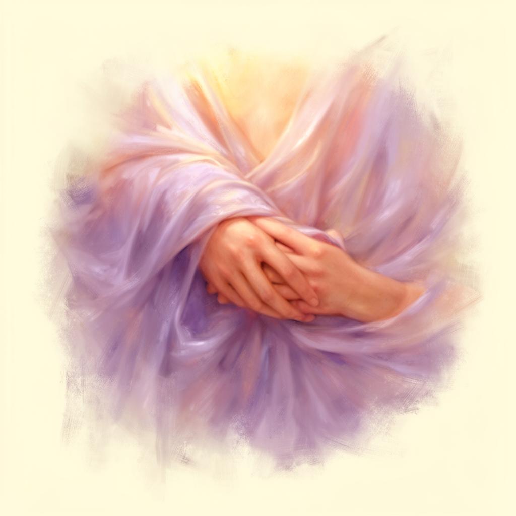 An abstract painterly study of a hand wrapped in soft lavender silk