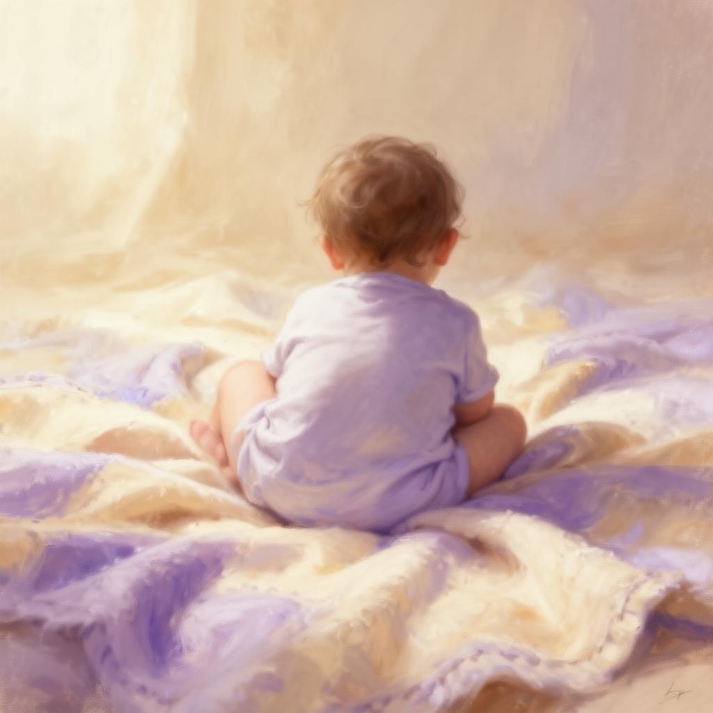 A painterly image of a small child curled up on a soft pastel blanket